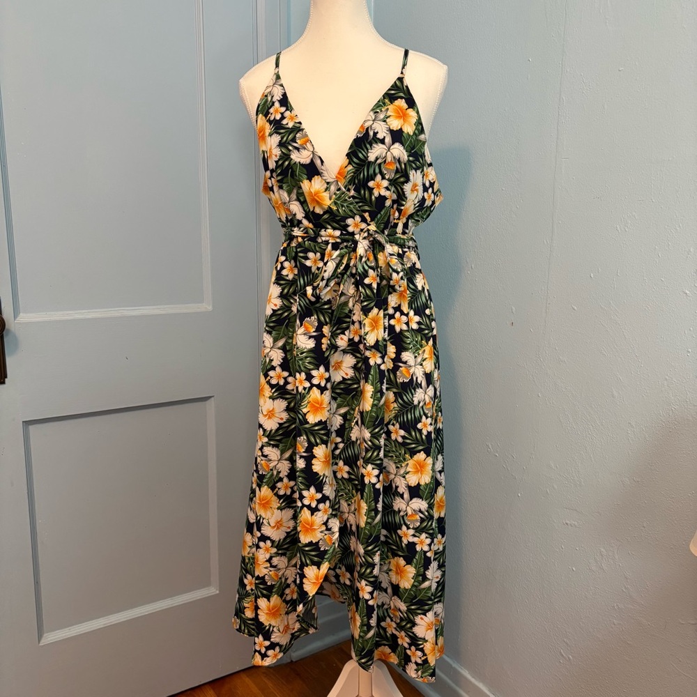 SHEIN Navy Dress with Orange and White Tropical Floral Design
